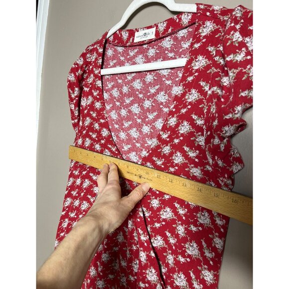 Natural Life Wrap Dress Red Maxi Puff Sleeve Aline Cottage Ditzy Floral Women XS - Picture 6 of 10